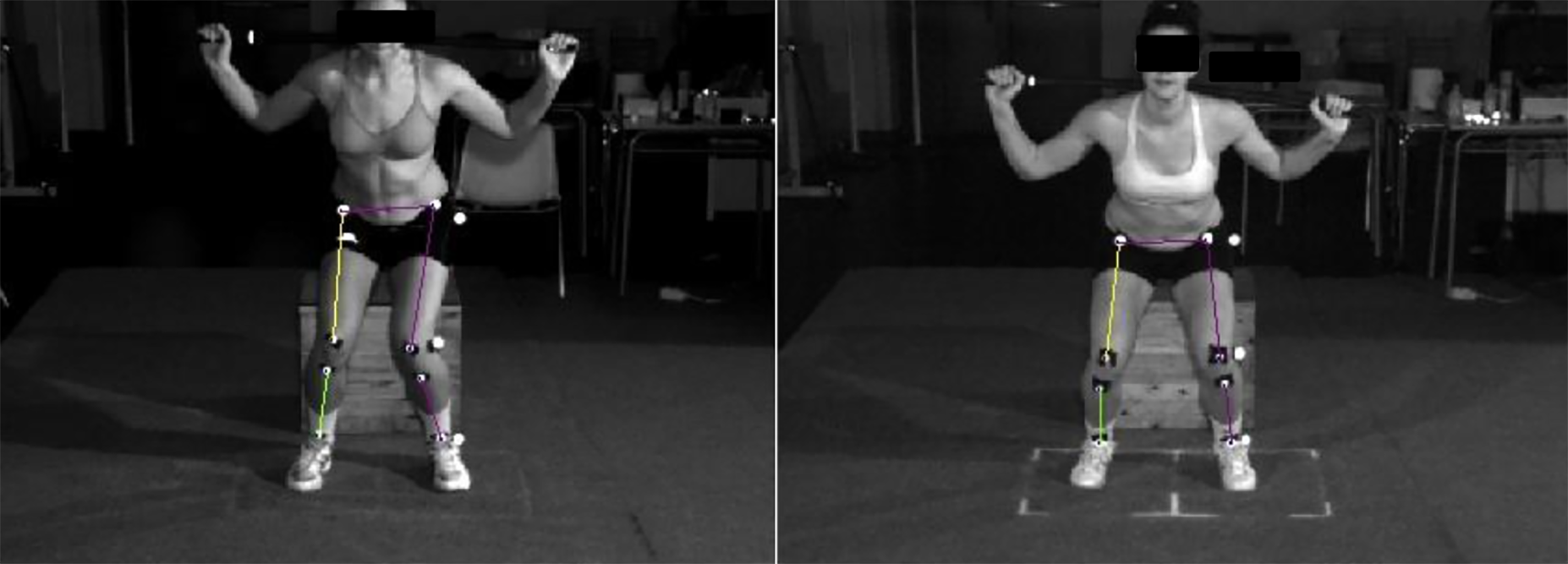 Exemple de dèficit de control del genoll (A) i bon control de l'aterratge (B) en un test de laboratori.