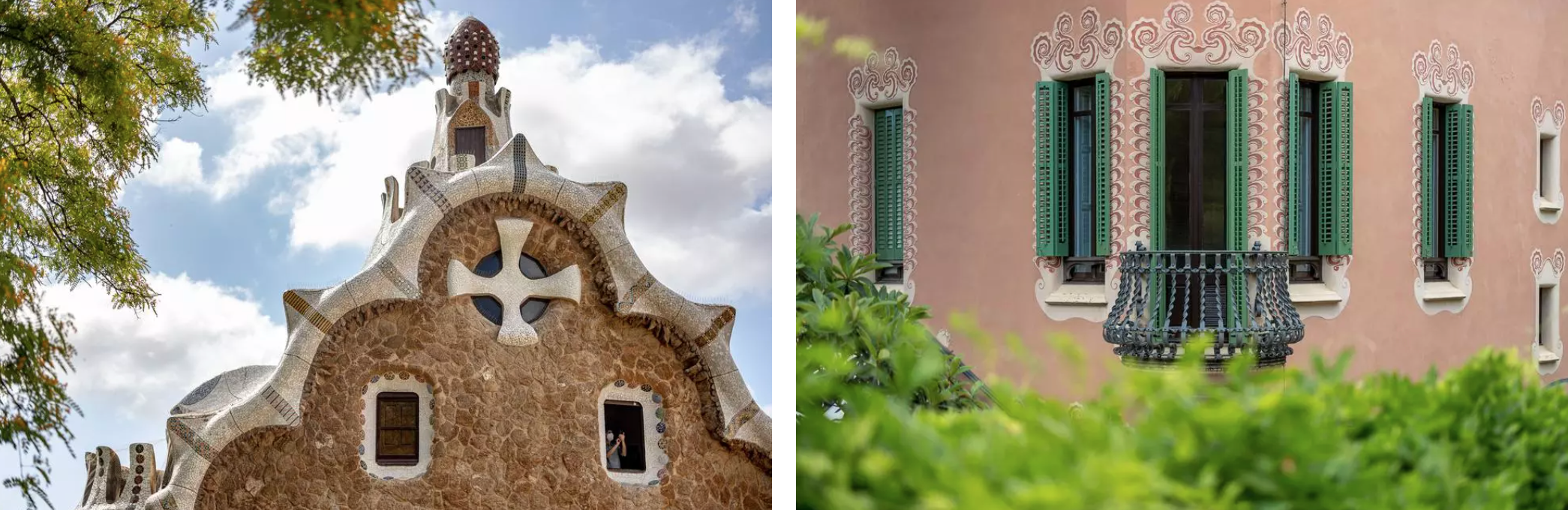 Detall d'un dels dos pavellons que formaven la porteria del Park (esquerra). En aquesta casa hi va residir Gaudí (dreta). QUIM ROSER / DEPT. CULTURA