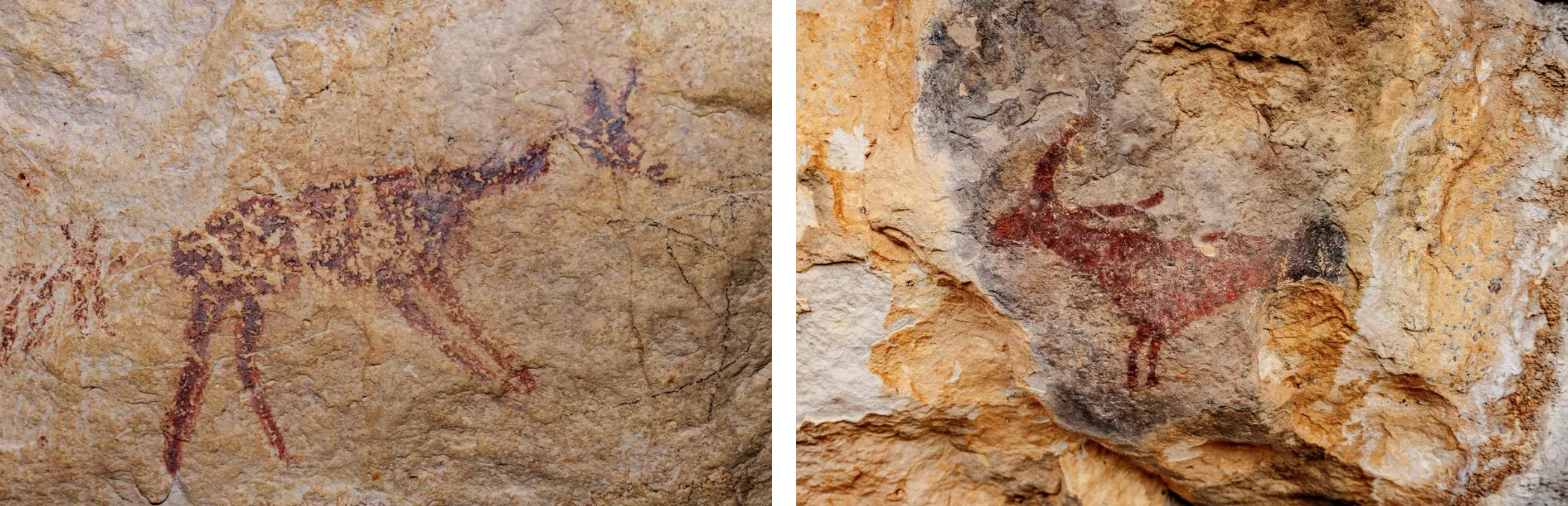 Detall d'una de les pintures dels Vilars, una petita balma a Os de Balaguer (esquerra) i detall rupestre a les muntanyes de Prades (dreta) QUIM ROSER / DEPARTAMENT DE CULTURA 