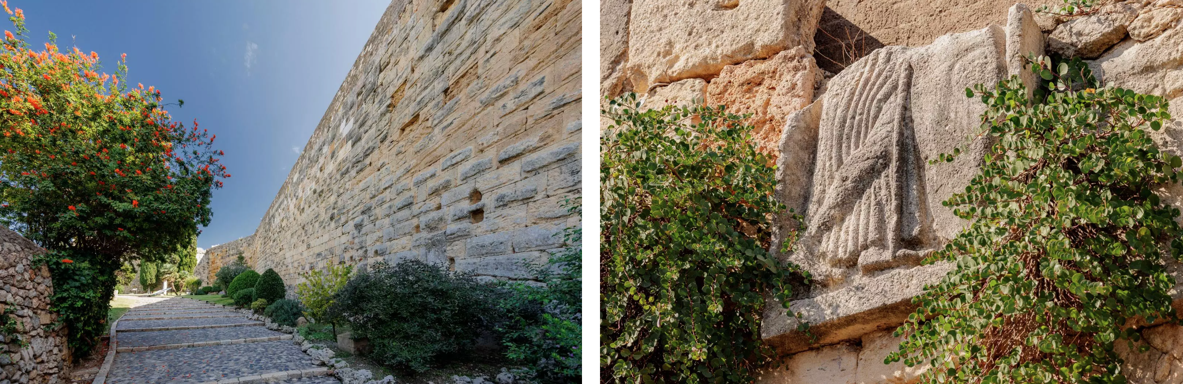 La muralla no va complir una funció merament defensiva sinó que també definia l'espai urbà (esquerra). Part del relleu dedicat a la deessa Minerva (dreta). QUIM ROSER / DEP. CULTURA. QUIM ROSER / DEP. CULTURA