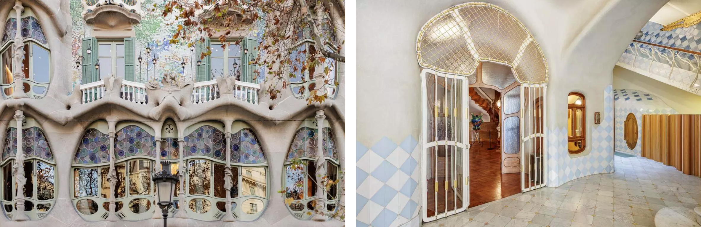 Gaudí va dotar la Casa Batlló d’una façana original i plena d’imaginació (esquerra). Des del vestíbul comunitari de la planta baixa s’accedeix al vestíbul privat de la família Batlló. (dreta) QUIM ROSER / DEP. CULTURA